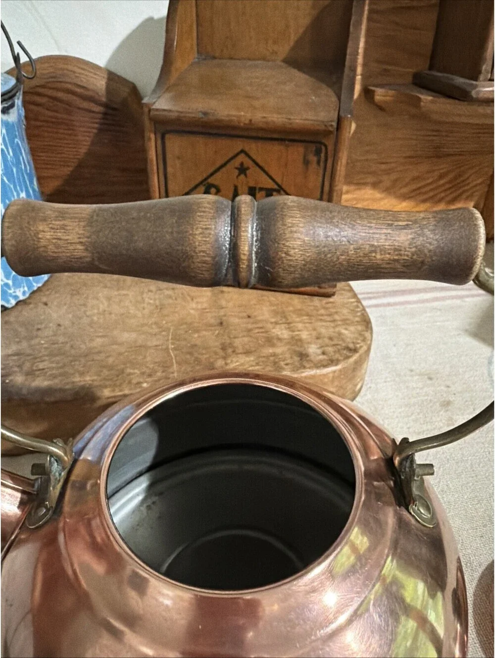 Vtg Revere Ware Copper Tea Pot Kettle Wood Handle Cottage Granny Cabin Decor